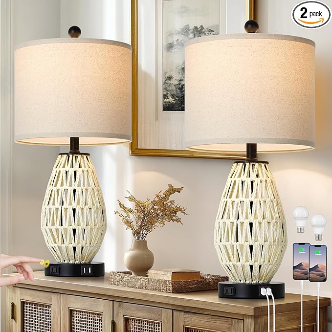 White Rattan Table Lamps Set of 2, 3 Way Dimmable Touch Control Bedside Lamp for Nightstand with 2 USB Ports and AC Outlet, Woven Wicker Bedroom Lamp, Boho Farmhouse Lamps for Living Room End Table