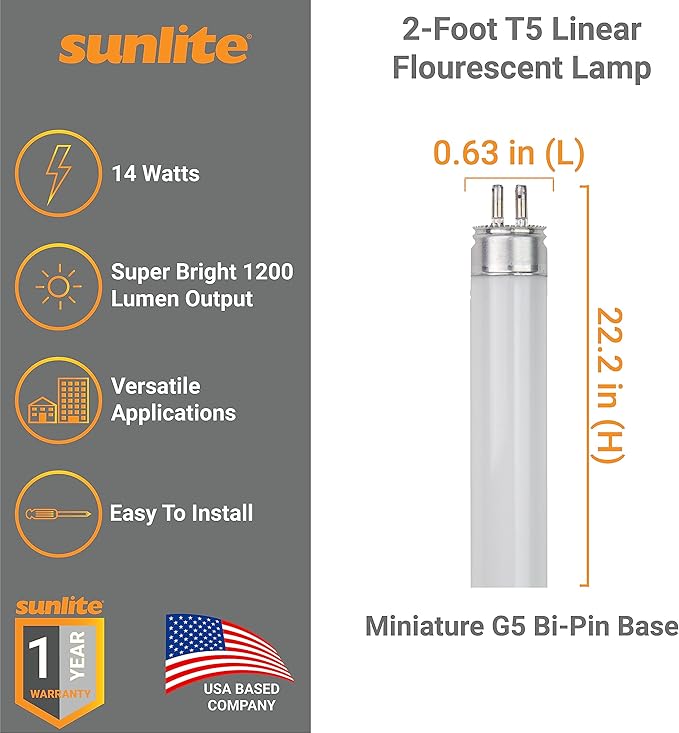 Sunlite 30305 F14T5/835 2 Foot T5 Linear Fluorescent Lamp, 14 Watts, 1200 Lumens, 3500K Neutral White, Miniature G5 Bi-Pin Base, ROHS Compliant, High Performance Straight Tube, 40 Pack