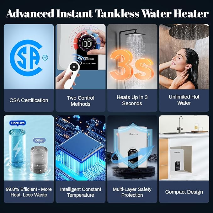 Electric Tankless Water Heater, 11kW 240V on Demand Instant Endless Electric Hot Water Heater for Residential Whole House Shower, Self-Modulating LED Display Knob Control, CSA Certified, Space Saving