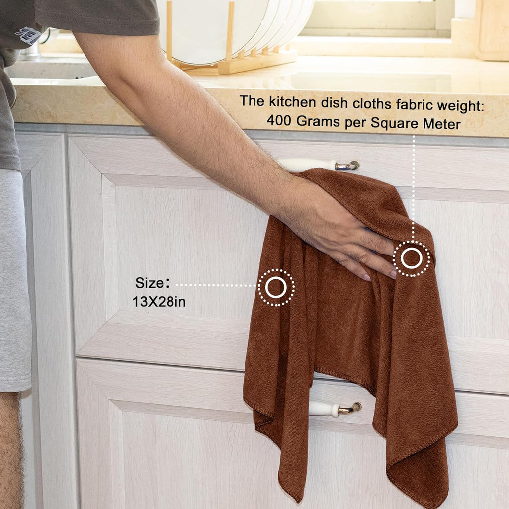 kimteny 13x28 Inches Kitchen Cloth Dish Towels, 400 GSM Premium Dishcloths, Super Absorbent Coral Velvet Microfiber Cleaning Cloths, Fast Drying Rags for Washing Dishes (6 Pack, Brown)