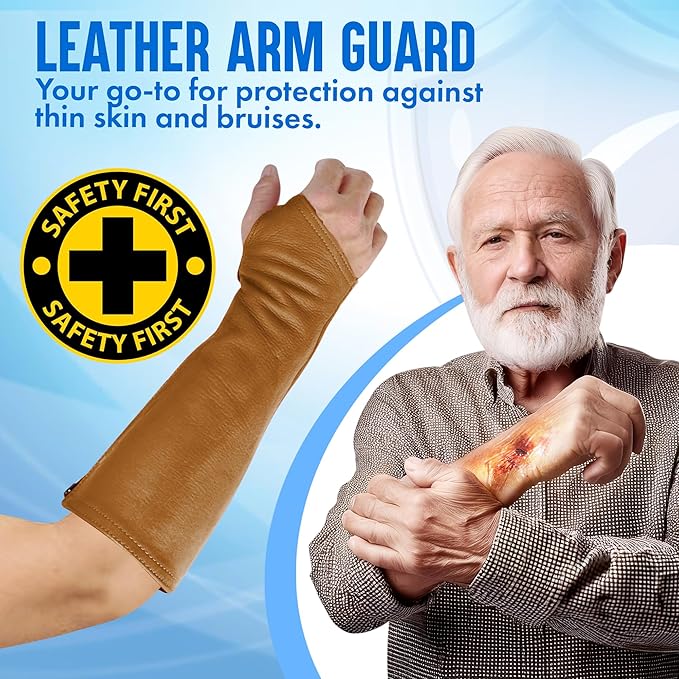 Arm Chaps Leather Protective Sleeves Arm Guard - Prevent Cuts, Scratches & Bruises - Genuine Cowhide - Ideal for Gardening & Construction - Left & Right Form-Fitting. Brown (1 Pair/Medium).