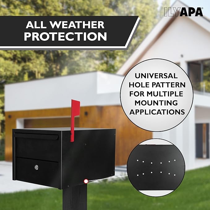 Ilyapa Locking Mailbox for Outside with Lock & Key - Modern Mailboxes for Outside Post Mount, Black Powder Coated Steel Heavy Duty Curbside Mail Box