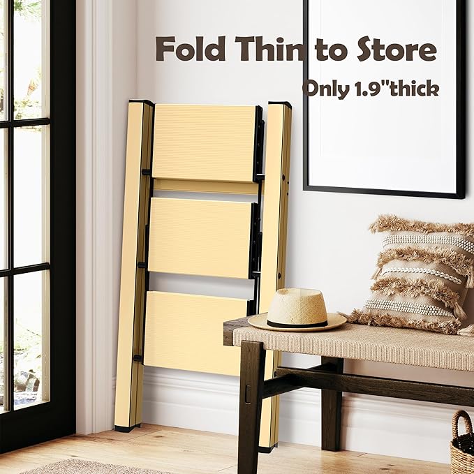 Taranta 3 Step Ladder,Aluminum Lightweight Folding 3 Step Stool with Anti-Slip Wide Pedal,330lbs Capacity Step Ladder for Household,Kitchen,Office - Gold