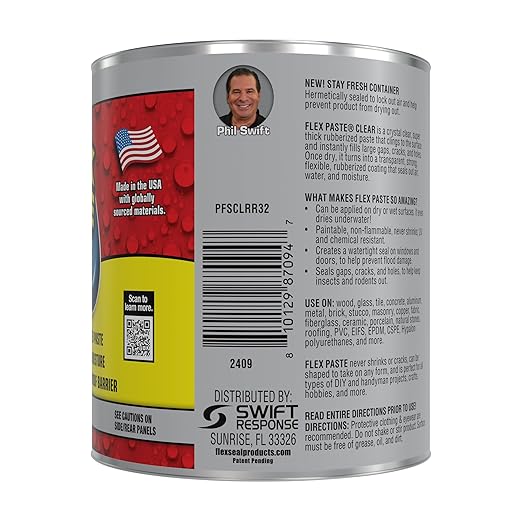 Flex Paste, Waterproof Paintable Putty, Spackle Sealant, Fill Gaps Cracks Holes - Block Out Water and Air - UV Resistant - Walls, Drywall, EPDM, Concrete, Roof, RV Repairs, Clear, Quart