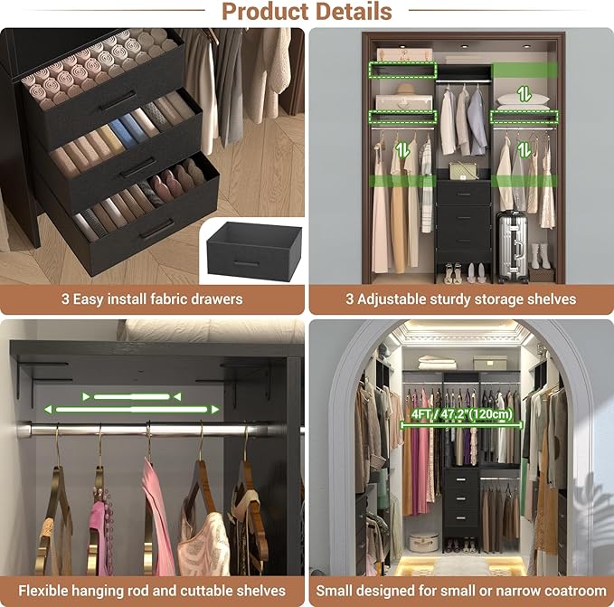 4FT Small Closet System with 3 Fabric Drawers, 48'' Closet Organizer System With 3 Adjustable Shelves, Flexible Built-In Clothes Garment Rack for Small Space, 48" L x 13" W x 71" H, Black
