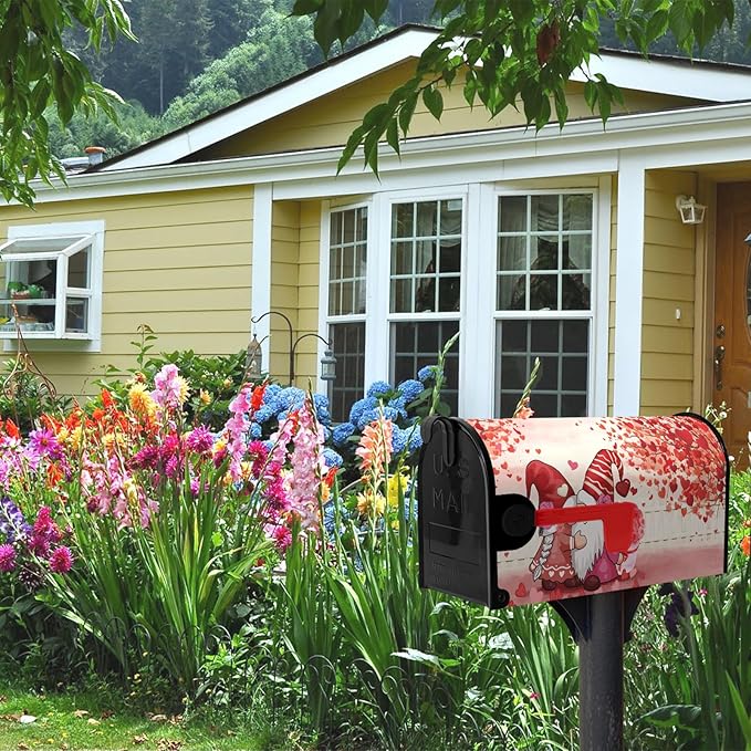 Valentines Gnomes Mailbox Cover Large Size 25.5 X 21 Love Hearts Rose Magnetic Mailbox Covers Red Valentine's Letter Box Cover Wraps Oversized for Garden Yard
