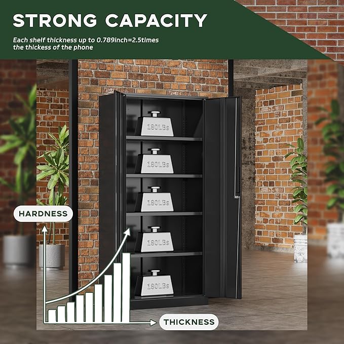 Greenvelly Metal Garage Storage Cabinet, 72” Locking Black Tool Steel Cabinet with Doors and 4 Shelves, Tall Metal Cabinets with Garage Storage Systems for Home Office, Kitchen/Pantry