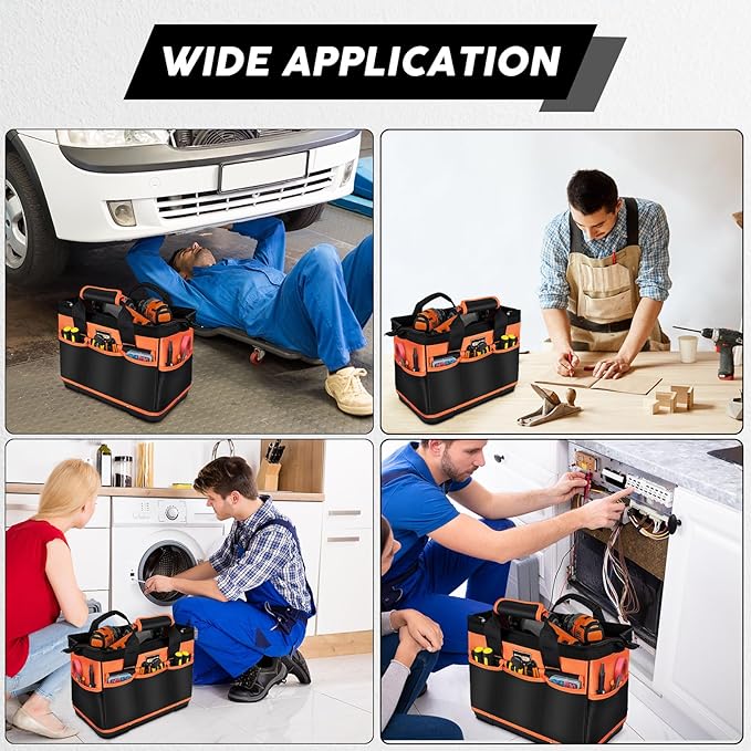 16 Inch Tool Bag Heavy Duty Tool Box Organizer, Portable Tool Organizers and Storage Bag, Tactical Toolbox with Anti-Slip Base & Adjustable Strap for Electrician, DIYer, HVAC, Mechanic