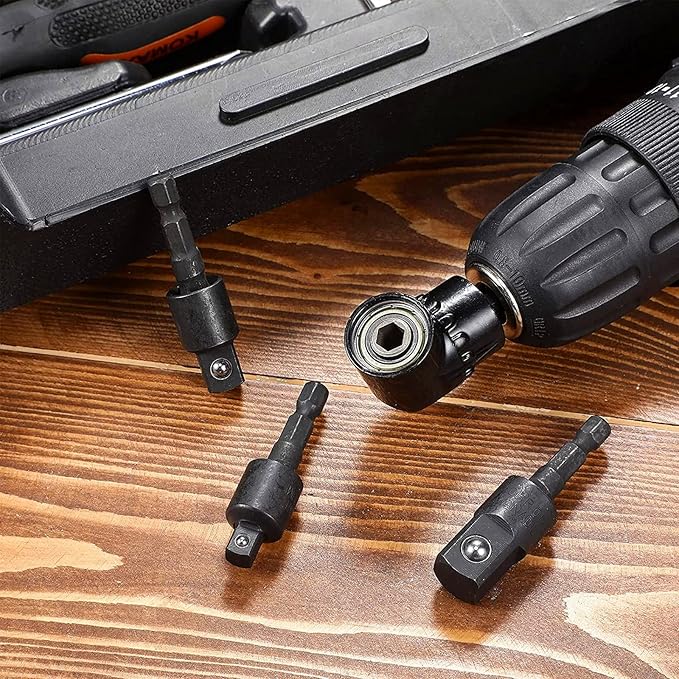 Right Angle Drill Adaptor,4-in-1 Impact Drill Bit Extension,360° Rotatable 1/4 3/8 1/2" Impact Grade Socket Adapter Set,105 Degree Angle Screwdriver Drill Bit for Household Workplace Industry