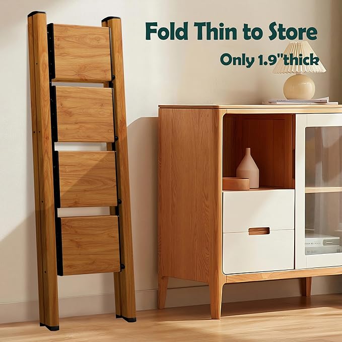 Taranta 4 Step Ladder,Aluminum Lightweight Folding 4 Step Stool with Anti-Slip Wide Pedal, 330lbs Capacity Step Ladder for Household,Kitchen,Office - Woodgrain