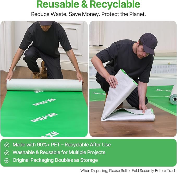 39" x 50' Heavy-Duty Floor Protection | Construction Grade Carpet Protector | Drop Cloth Plastic Film for Hardwood Floors | Waterproof Painters Covering with No Residue (Green)