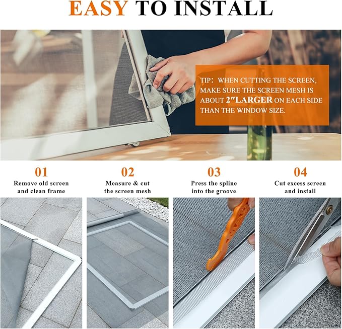 2PACK MAGZO Window&Door Screen Replacement Kit, 48''W x 99''L, with Retainer Spline (Total 65.6 FT) and Press-Fit Roller Tool, Scratch-Proof Polyester, Mesh Roll Repair for Patio, Pet Friendly, Grey