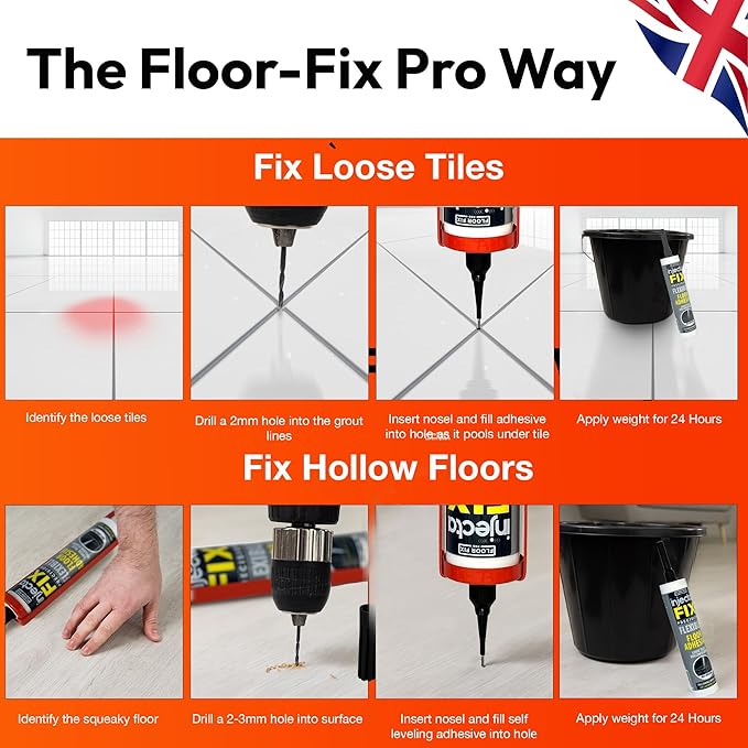 Precision 300ml from Floor-Fix Pro - Fix Loose Tiles - for Loose & Hollow Tiles, Wood, LVT & Laminate - Includes 1.9mm Syringe Tip - Adjustable to 6mm + Anti-Clog Performance (Pack of 12)