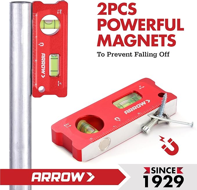 ARROW 4-Inch Torpedo Level, Small Magnetic Leveler Tool with 0°/90° Bubbles, Top-view Window, Aluminium Alloy Frame, Dual SAE and Metric Scales