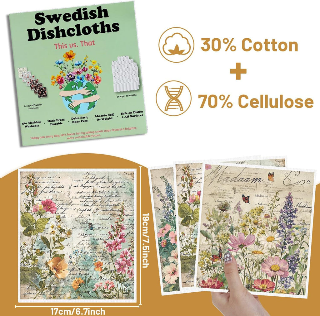 Floral Swedish Dishcloths for Kitchen, 6PCS Vintage Flower Swedish Dish Cloths Gift Set, Reusable Absorbent Cellulose Sponge Dish Towel for Home Cleaning(7.8 X 7 Inches)
