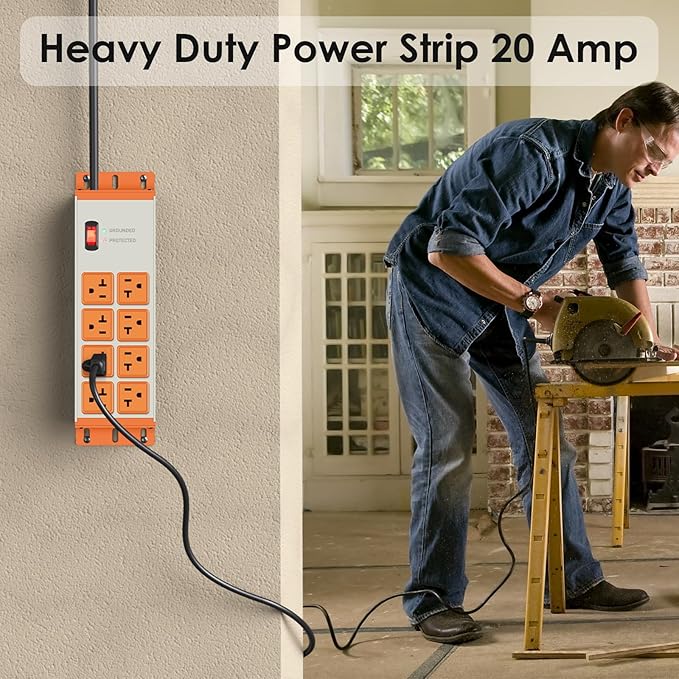 JUNNUJ Heavy Duty 20 Amp Surge Protector 4800J, Garage Metal 8 Outlets 12 Gauge, High Amp 5-15P Adapter Shop 6-20R T-Slot Industrial Outlet, 10 FT Extension Cord Commercial for Appliance, Grey