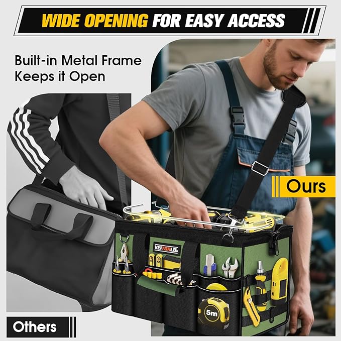 Heavy Duty Tool Bag 16-Inch - 19 Pockets Tool Organizer, Portable Electrician Toolbox W/Soft Handle, Christmas Birthday Gift Ideas for Men Dad Husband Him Mechanic Plumber, Wide Mouth Tool Storage Box