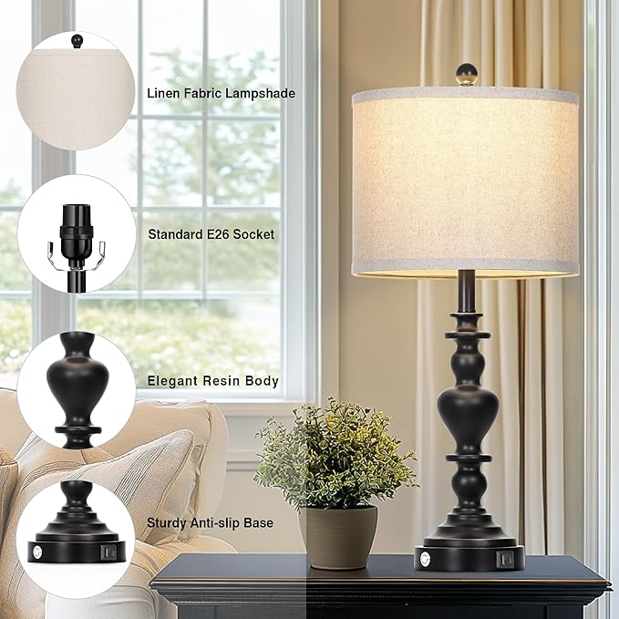 Farmhouse Table Lamps Set of 2, 27" Black Vintage Bedside Lamps with USB A+C Charging Ports, 3-Way Dimmable Touch Control Rustic Nightstand Lamp for Living Room Office(Bulbs Included)