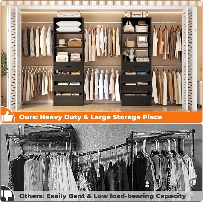 Aheaplus Closet System Set of 2, 4-9Ft Wood Closet Organizer with Drawers & Shelves, Closet Organizer System with 8 Hanging Rods, Walk-in Closets Organizer Wardrobe Closet Rack, Black