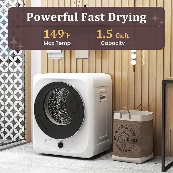 Auertech 1.5 Cu.Ft Portable Clothes Dryer, 850 W Front Load Electric Dryer Machine with Stainless Steel Drum, Simple Control Knob, Compact Tumble Dryer for Laundry Apartment, Dorm, RV, White