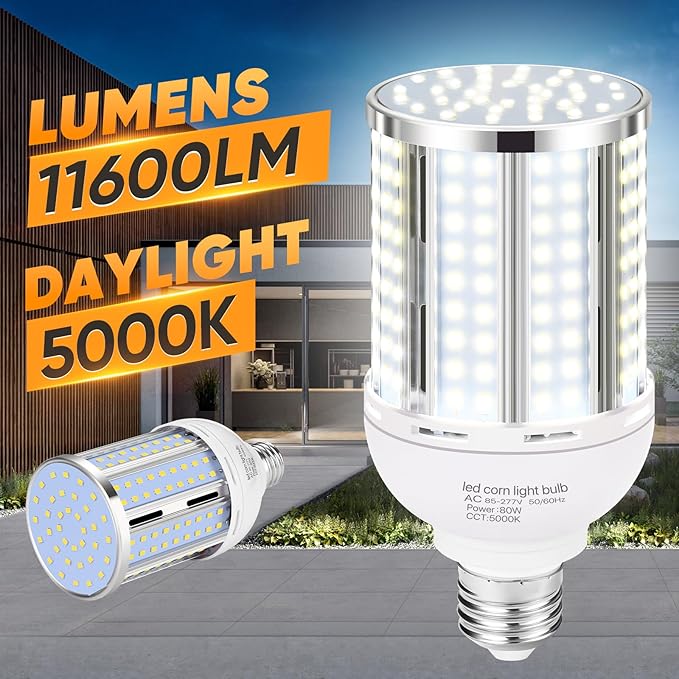 80W LED Corn Light Bulb(5 Pack),(800 Watt Equivalent) Fanless E26/E39 Medium/Large Mogul Base LED Cob Lamp 5000K Daylight 11,600LM for Outdoor Indoor Garage Warehouse Factory Workshop Street Backyard