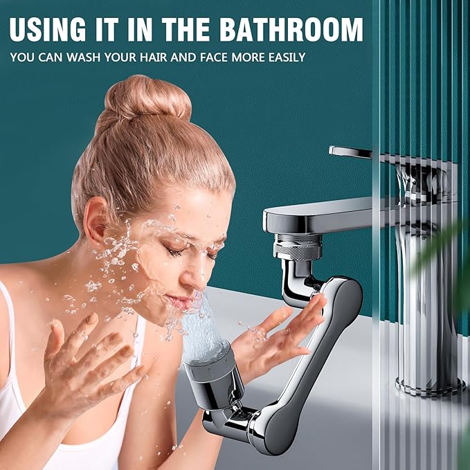 1080° Swivel Tap Extension, Swivel Robot Arm Bathroom Tap Extension, Kitchen Swivel Extension Filter with 2 Mode Splash Proofing (Long arm extender, Silver coloured)
