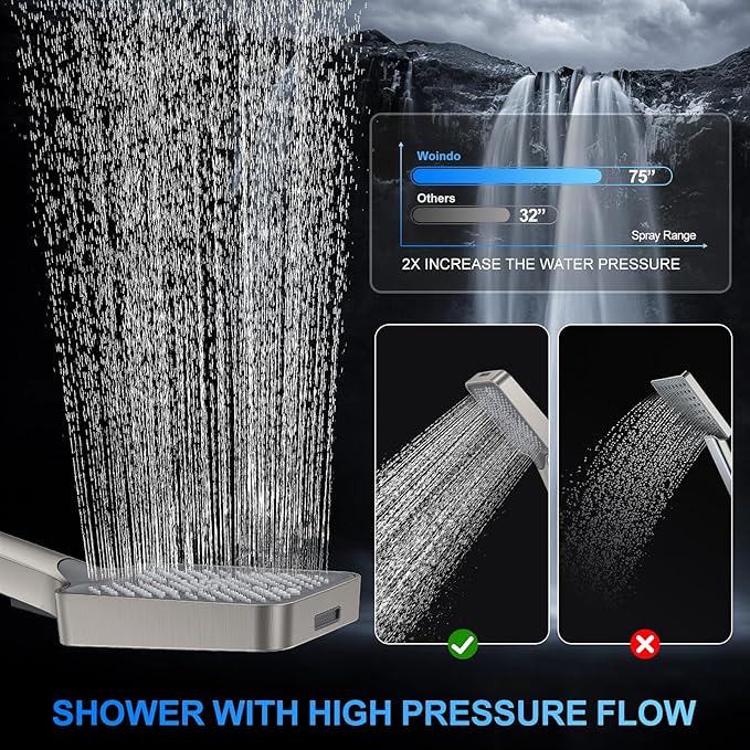 Shower Faucet Set, 10" Wall Mount Rainfall Shower System with 2 Rain Shower Head and Multi-function Handheld Head Push Button Diverter Shower Faucet Trim Kit Brushed Nickel