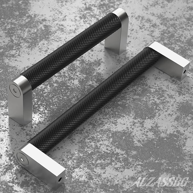 Alzassbg 10 Pack Silver and Black Cabinet Pulls, 5 Inch(128mm) Hole Centers Cabinet Handles Kitchen Hardware Knurled Drawer Handle Pull AL3101CP-MB