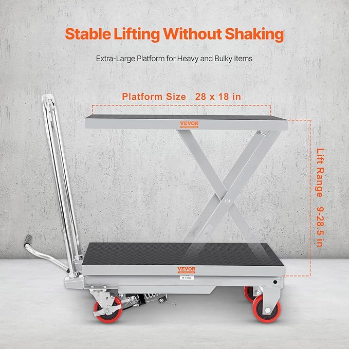 VEVOR Hydraulic Lift Table Cart, 500lbs Load Capacity 28.5 Inch Lifting Height, Manual Single Scissor Lift Table with 4 Wheels and Non-Slip Pad, Hydraulic Scissor Cart for Material Handling, Gray