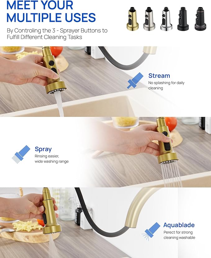 J-HVA Pull Down Kitchen Faucet Sprayer Head Replacement Part, 3 Function Pull Out Sink Sprayer Replacement Nozzle with 15 Adapters, Kitchen Faucet Head Hose Spray Tap Spout, Brushed Gold