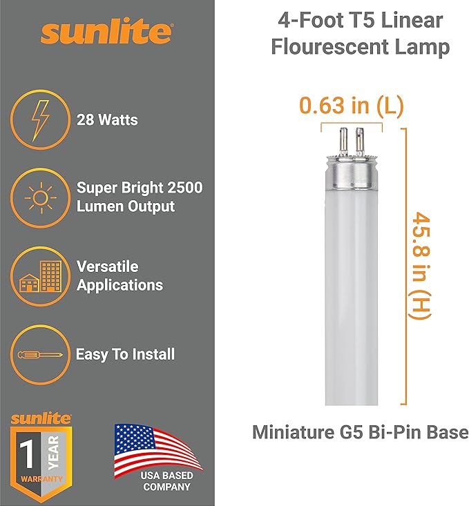 Sunlite 30335 F28T5/835 4 Foot T5 Linear Fluorescent Lamp, 28 Watts, 2500 Lumens, 3500K Neutral White, Miniature G5 Bi-Pin Base, ROHS Compliant, High Performance Straight Tube, 40 Pack