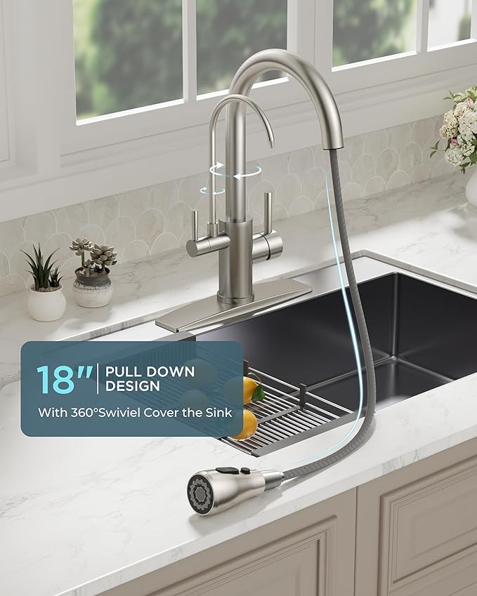 FORIOUS Kitchen Faucets with Water Filter, 2 in 1 Stainless Steel Pull Down Sink Faucet and Purfied Water Faucet High Arc Single Handle with Detachable Deck for 1 or 3 Hole, Brushed Nickel