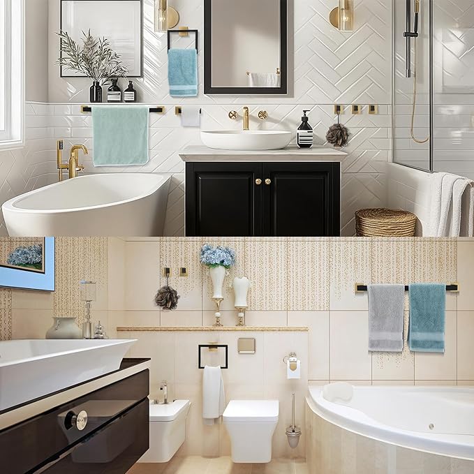 Gisafai 20 Pcs Bathroom Hardware Accessories Set 23.6 Inch Bath Towel Bar Kit Stainless Steel Bathroom Hardware Set Towel Racks Ring Hooks Paper Holder for Wall Mounted (Black Gold)