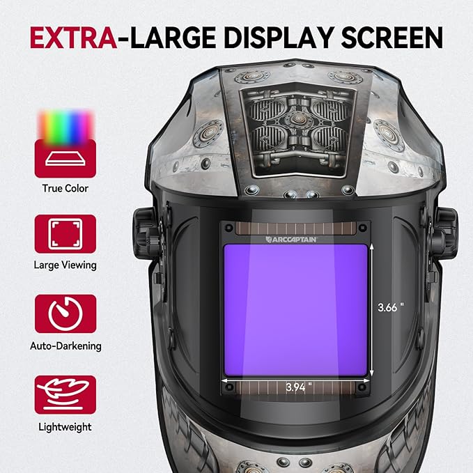 ARCCAPTAIN 3.94"X3.66" Welding Helmet Auto Darkening, 1/1/1/1 Top Optical Clarity Large Viewing Screen Solar Power Welding Hood with 4 Arc Sensor, Wide Shade 4-5/5-9/9-13 for TIG MIG ARC Welding Cut