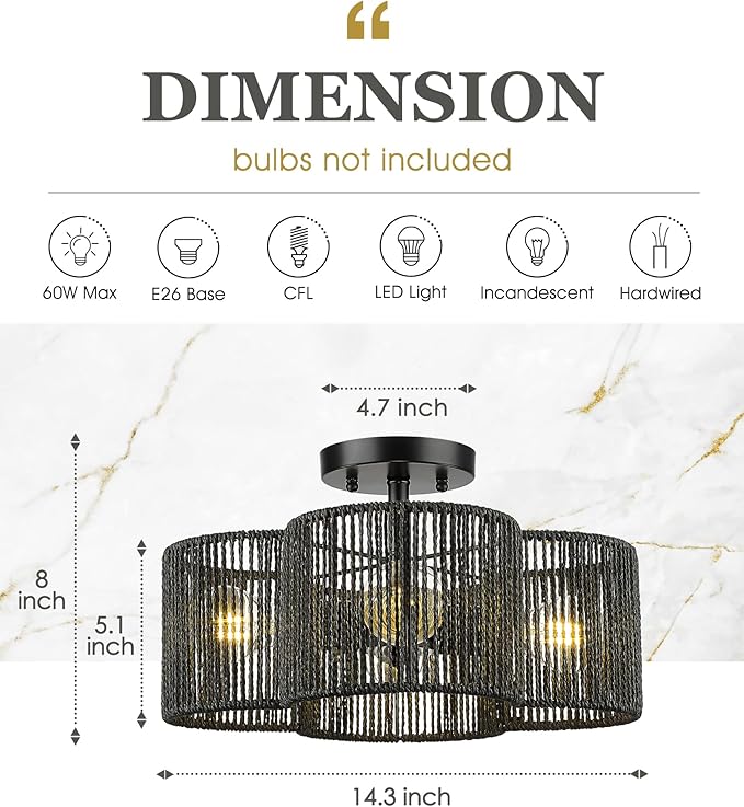 Rattan Light Fixtures Ceiling Mount, 4-Light 14" Boho Semi Flush Mount Ceiling Light with Hand-Woven Shade in Quatrefoil Shape for Kitchen Nursery Bedroom Hallway, Black, AD-22007-4SF-RA-BK
