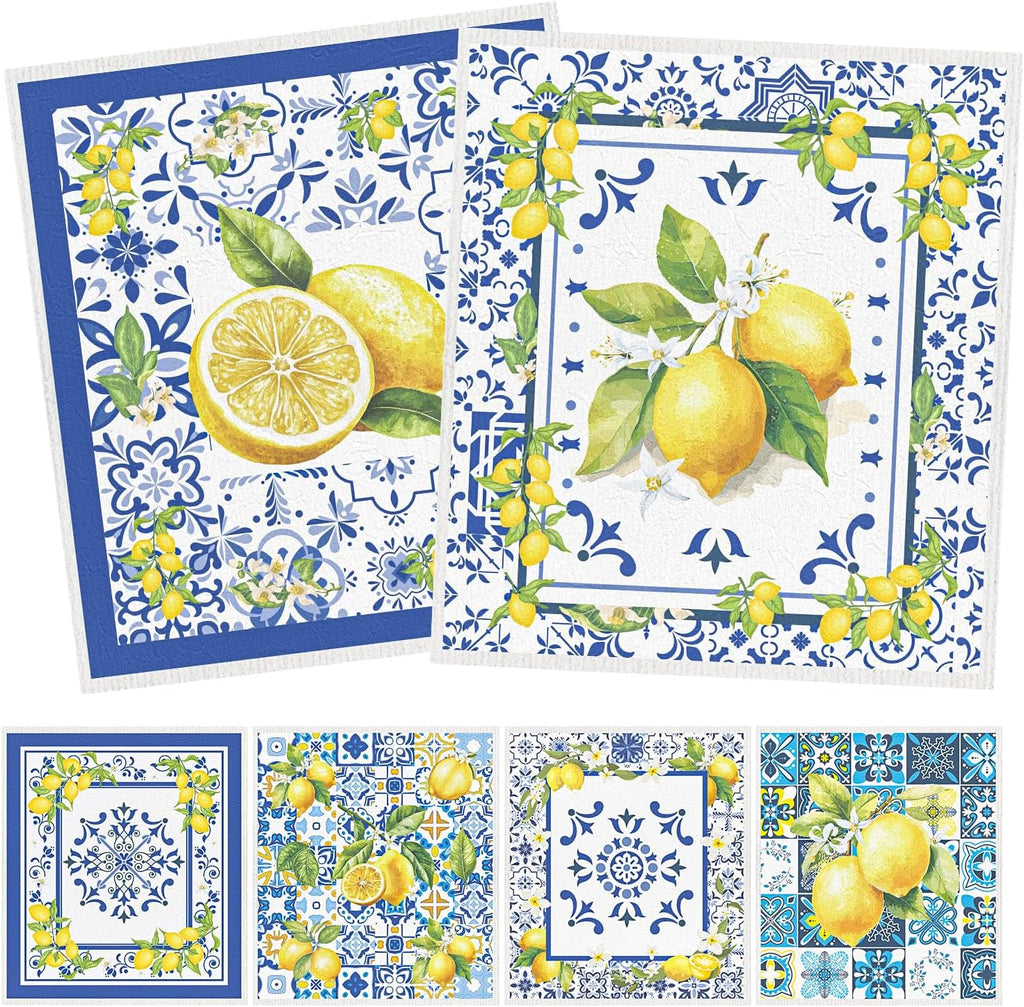 Blue Tiles Lemons Swedish Dishcloths, 6 Pack Reusable Swedish Dish Cloths for Kitchen, Washable Absorbent Dish Towel Rag Set Cellulose Sponge Cloths Housewarming Gifts