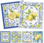 Blue Tiles Lemons Swedish Dishcloths, 6 Pack Reusable Swedish Dish Cloths for Kitchen, Washable Absorbent Dish Towel Rag Set Cellulose Sponge Cloths Housewarming Gifts