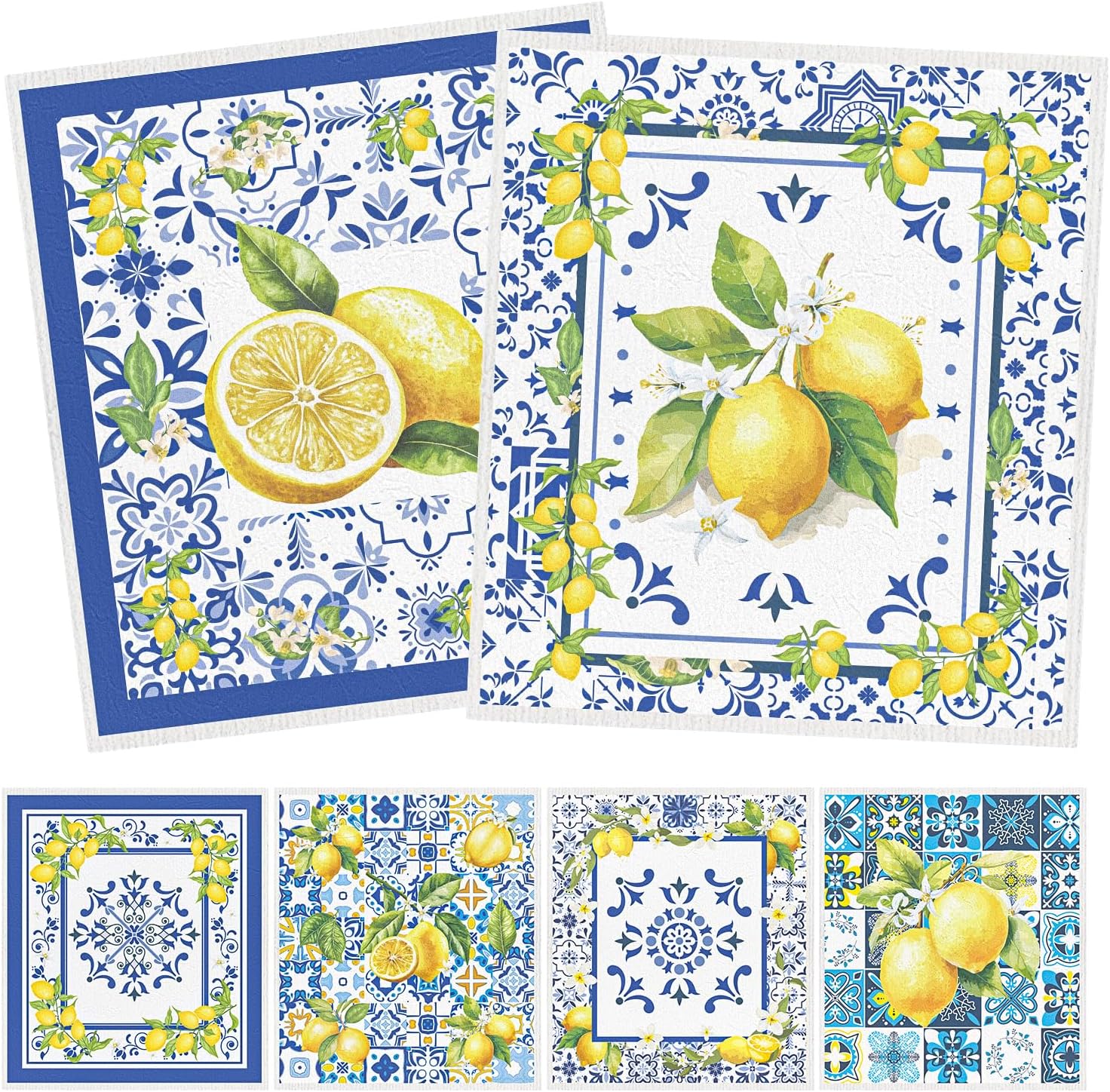 Blue Tiles Lemons Swedish Dishcloths, 6 Pack Reusable Swedish Dish Cloths for Kitchen, Washable Absorbent Dish Towel Rag Set Cellulose Sponge Cloths Housewarming Gifts
