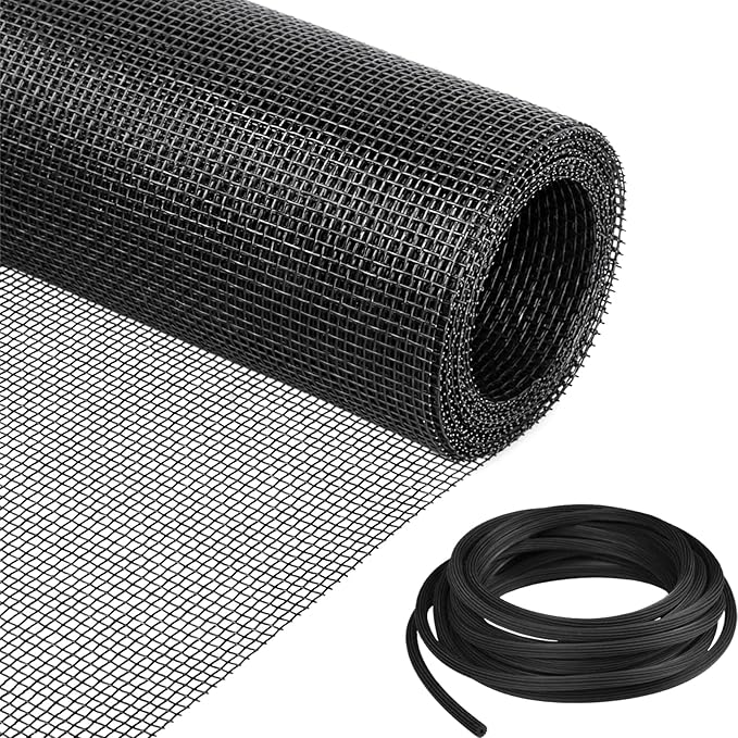 Window Screen Replacement Kit, 48"W × 99"L Durable Polyester Adjustable Screen Mesh with Retainer Spline (32ft) for DIY Project Window Screen Door Screen Replacement & Repair, Black