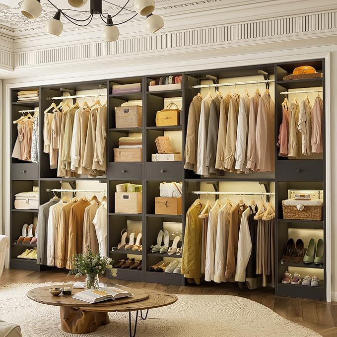 Unikito 10-15FT Closet Systems, Large Wood Walk in Closet Organizer with Hanging Rods and Drawers, Heavy Duty Closets Wardrobe with Shoe Rack, Sturdy Reversible Clothes Closet Kit, Black, Set of 2