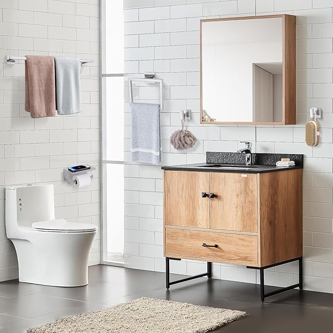 TQKAG 5-Pieces Brushed Nickel Bathroom Hardware Accessories Set 23.6" SUS304 Stainless Steel Towel Bar Set Wall Mounted Square Toilet Paper Holder with Shelf