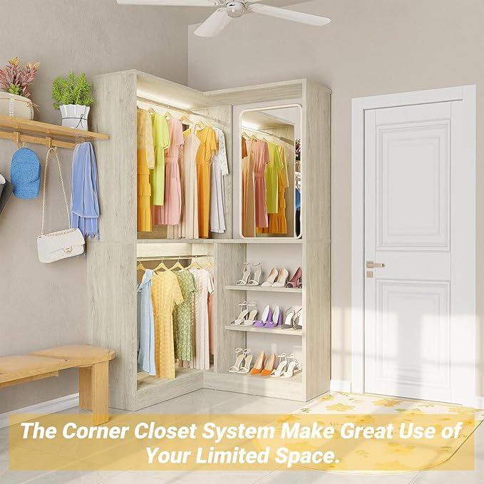 Unikito 36 Inch Corner Closet System, Large Freestanding Closet Organizer System with 2 Hanging Rods and Storage Shelves, Sturdy Walk in Closet Tower, 36" W x 36" D x 80" H, White Oak