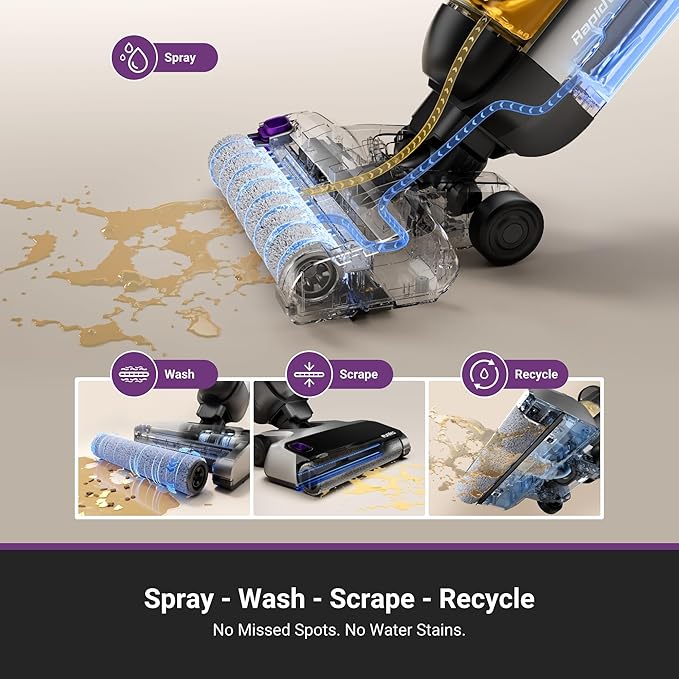 Eureka Cordless Wet Dry Cleaner, 170° Reclinable, Hot Air Drying Self Cleaning Vacuum and Mop Combo, Good for Hard Floors Pet Hair Sticky Messes, RapidWash 630, Purple