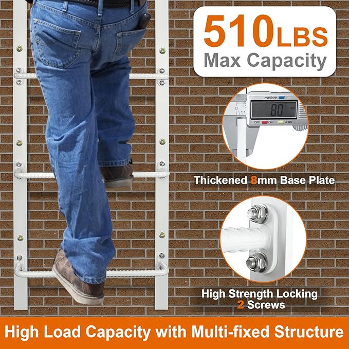 4-Rung Window Well Ladder Hooked, Heavy Duty Steel Fire Escape, Powder-Coated Basement Egress Wall Mounted, 45.2" Lx17.9 W, White
