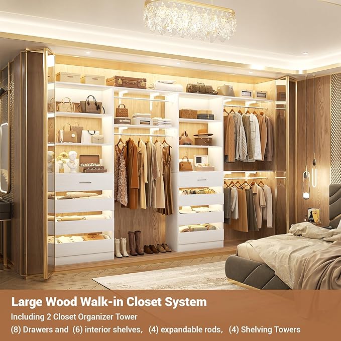 Aheaplus Closet System with 8 Wooden Drawers, Wood Closet Organizer System with Tower, Walk-in Closet Organizer Wardrobe Clothes Rack with 4 Hanging Rods, Garment Rack, Cut to Fit 7-12Ft, White