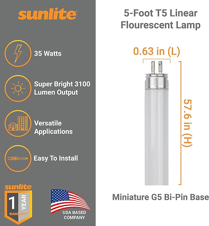 Sunlite 30395 F35T5/865 5 Foot T5 Linear Fluorescent Lamp, 35 Watts, 3100 Lumens, 6500K Daylight, Miniature G5 Bi-Pin Base, ROHS Compliant, High Performance Straight Tube, 40 Pack