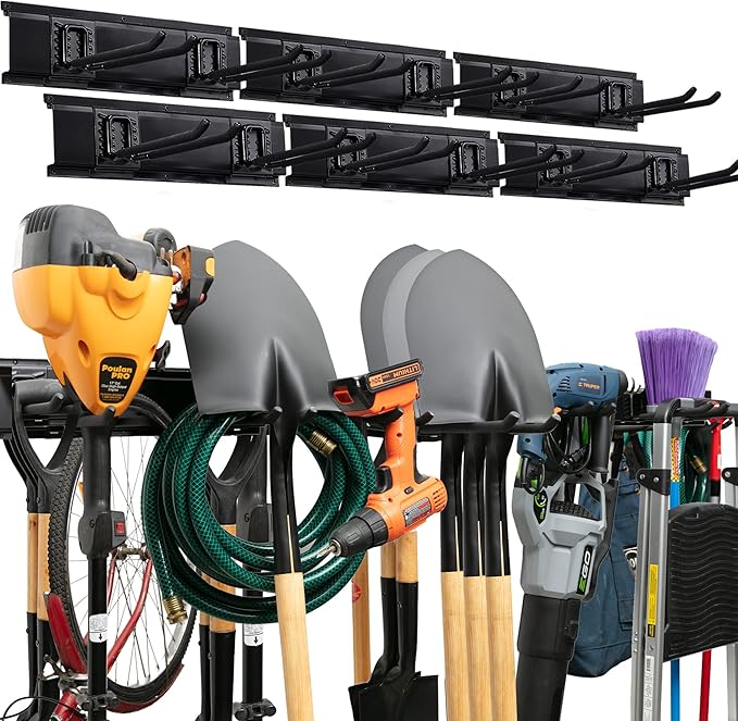 TIDYME Garage Tool Organizer Wall Mount - 96 inches - Sturdy Storage Rack with Adjustable Hooks, Anti-Rust - Easy Installation, 600lbs Capacity - Garden Tool Organizer (06 Racks & 12 Hooks)