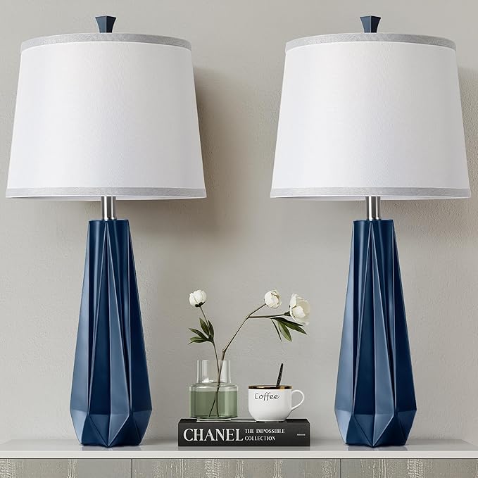 WIHTU 3 Color Temperature Table Lamps Set of 2, 27'' Navy Blue Modern Table Lamp for Living Room, Beside Lamp with Linen Shade, Resin Desk Lamp for Nightstands Bedroom Office Decor (2 Bulbs Included)