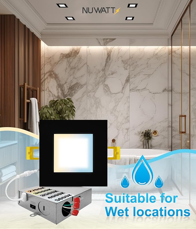 NUWATT 12 Pack 4 Inch Square Ultra-Thin LED Recessed Lighting, Selectable 2700K/3000K/3500K/4000K/5000K, 630 Lumens Dimmable, IC Rated, Black Slim Panel Light, Canless Wafer Lights, Metal J-Box