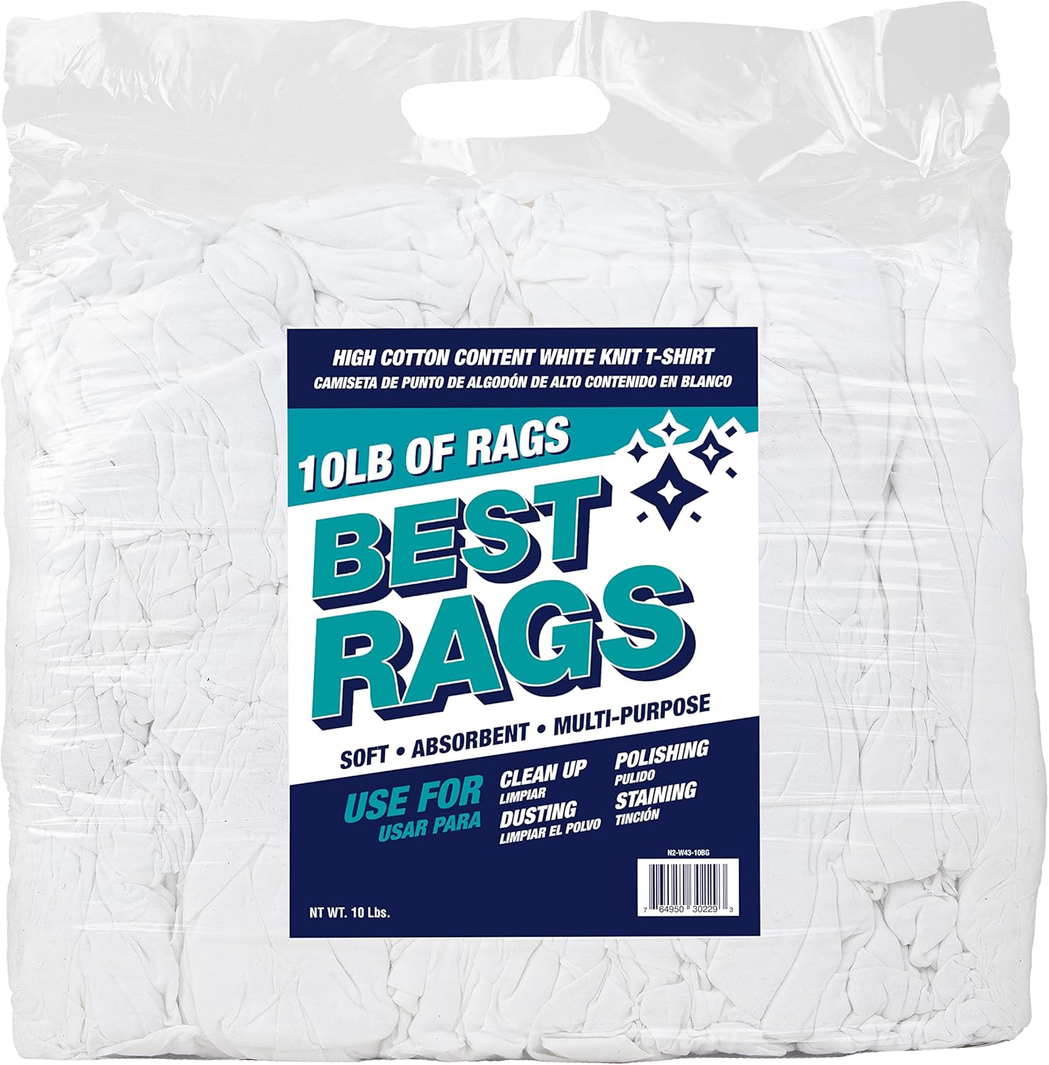 Arkwright W43 Cotton Tshirt Rags - 10 lb Bag - Soft Lint Free Cloths for Cleaning, Streak & Scratch-Free, Professional Grade Wiping Towels for Polishing, Painting, and Staining, White